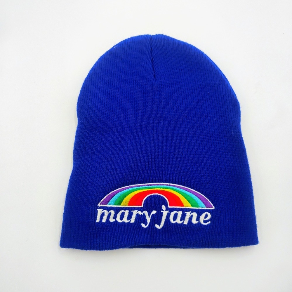 THC Clothing Mary Jane Rainbow Blue Knit Beanie Winter Hat Retro VTG 90s NOS 420